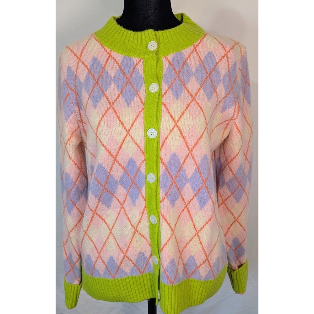THML Women's Pastel Argyle Button Front Cardigan Sweater Lime Green Trim Size M